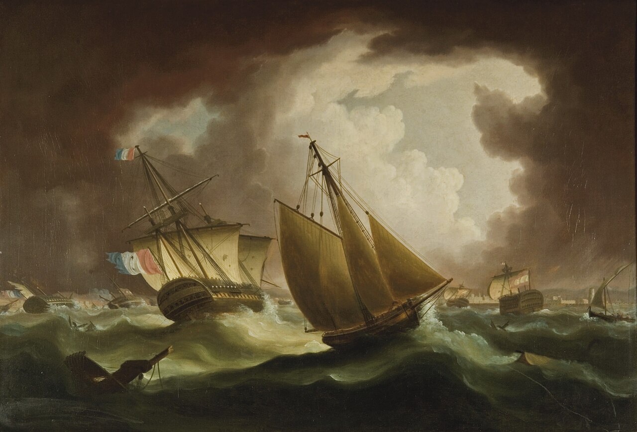 Painting of a small armed cutter heeling in a storm as damaged French and Spanish ships of the line run for harbour