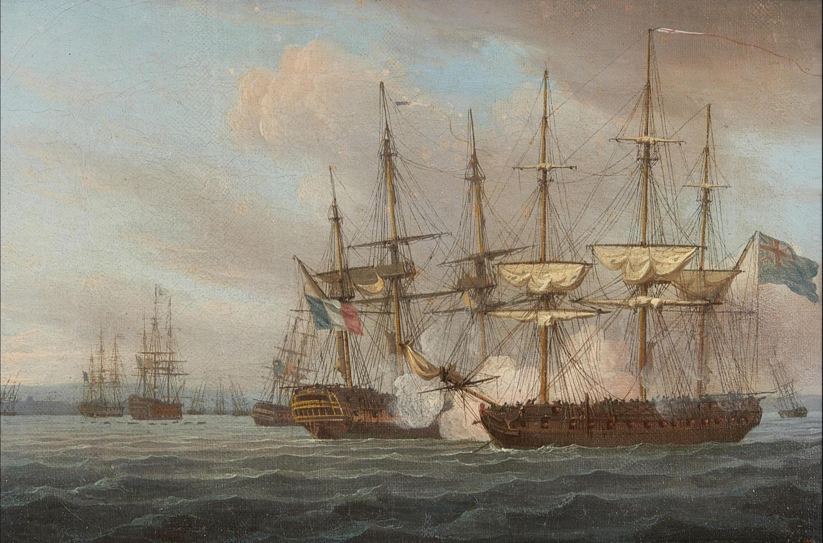 Painting of a British frigate firing a broadside into a French ship of the line, with more ships at anchor beyond