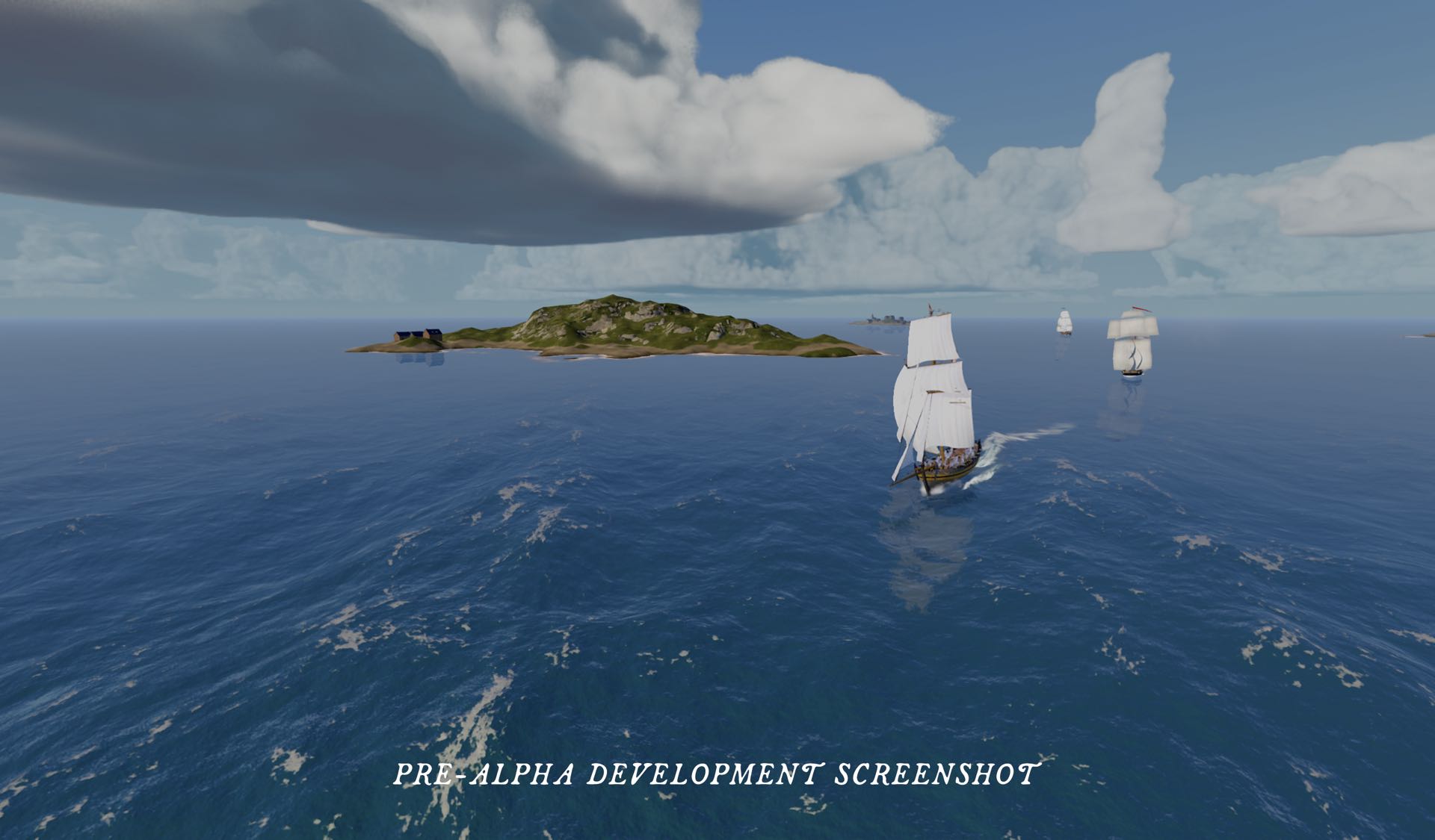 A brig running past a rocky island, two ships following in her wake