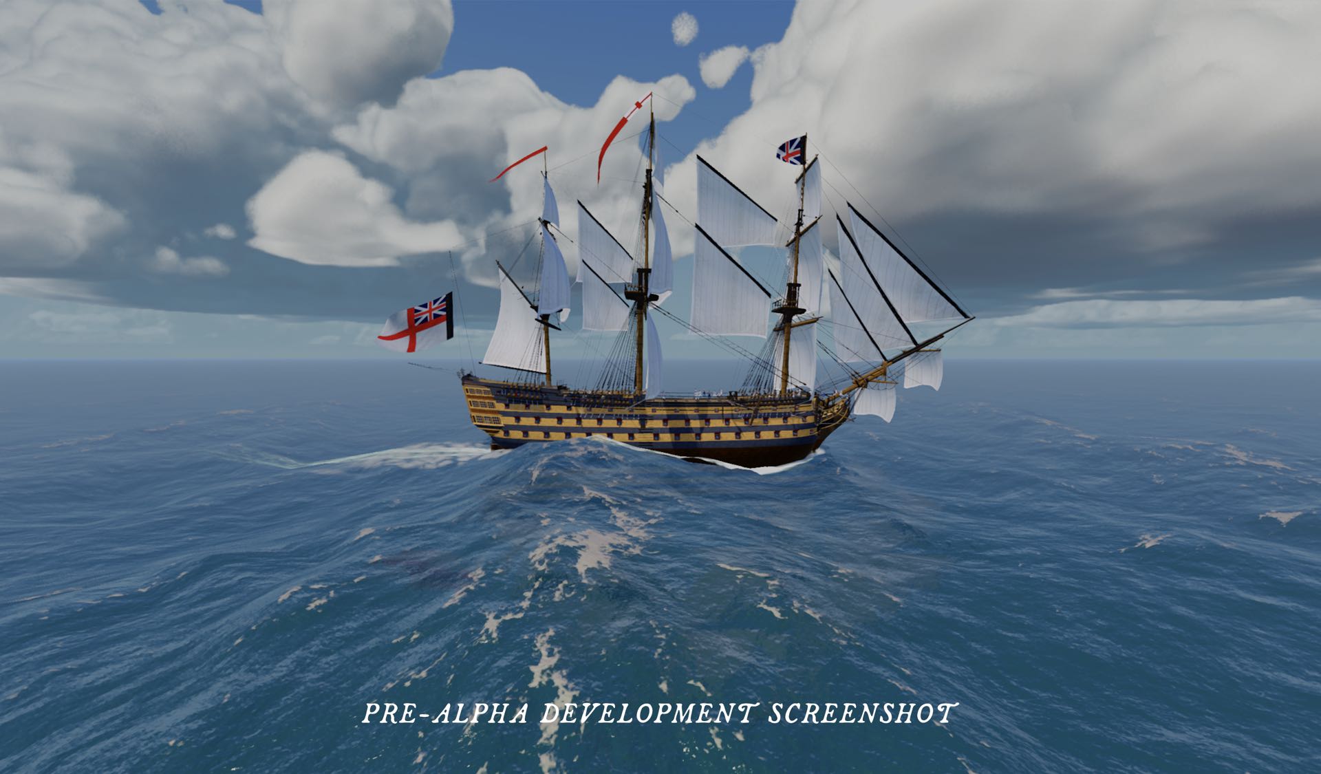 A British first-rate ship of the line under full sail on a rolling sea