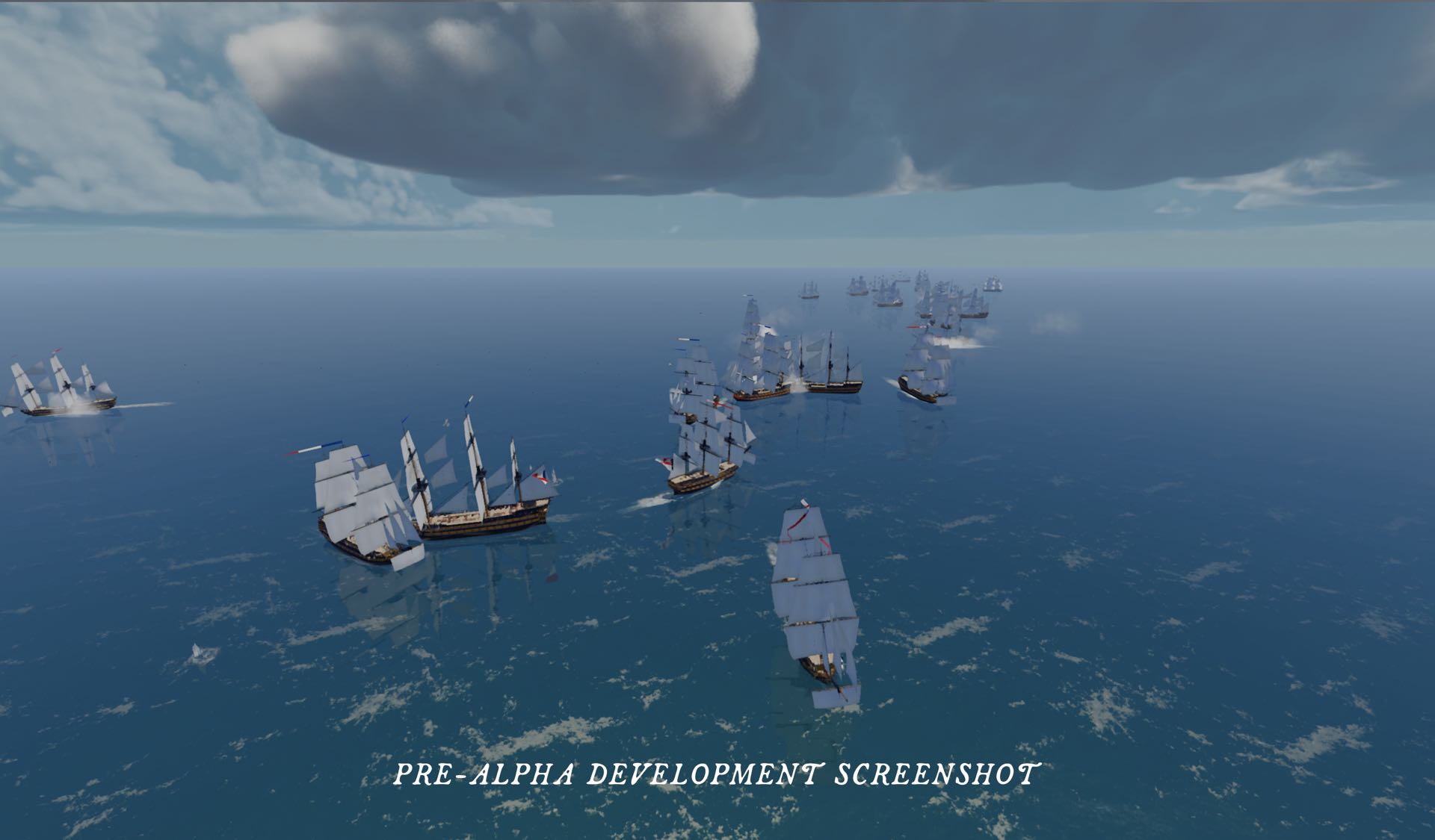 A fleet spread across calm water in pursuit, seen from above