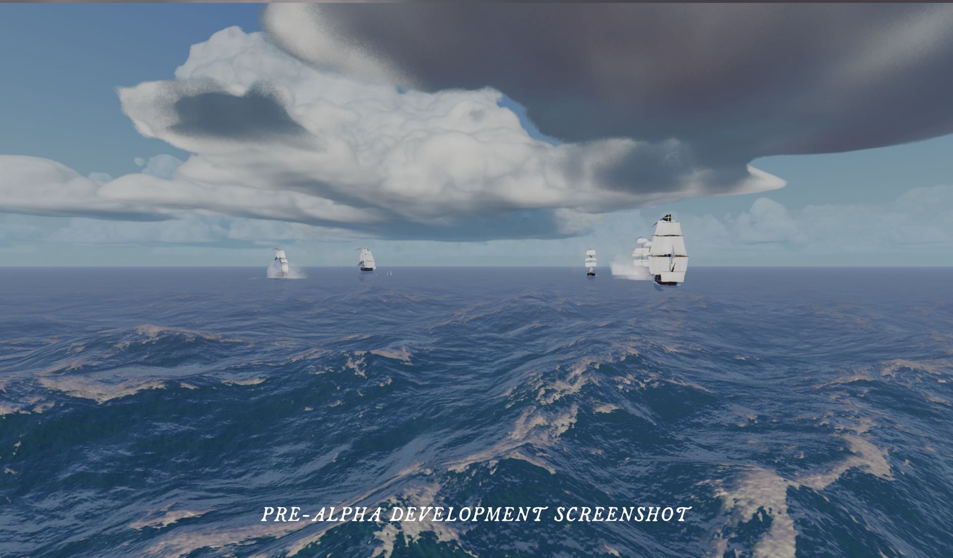 Ships exchanging fire across heavy seas under towering cloud