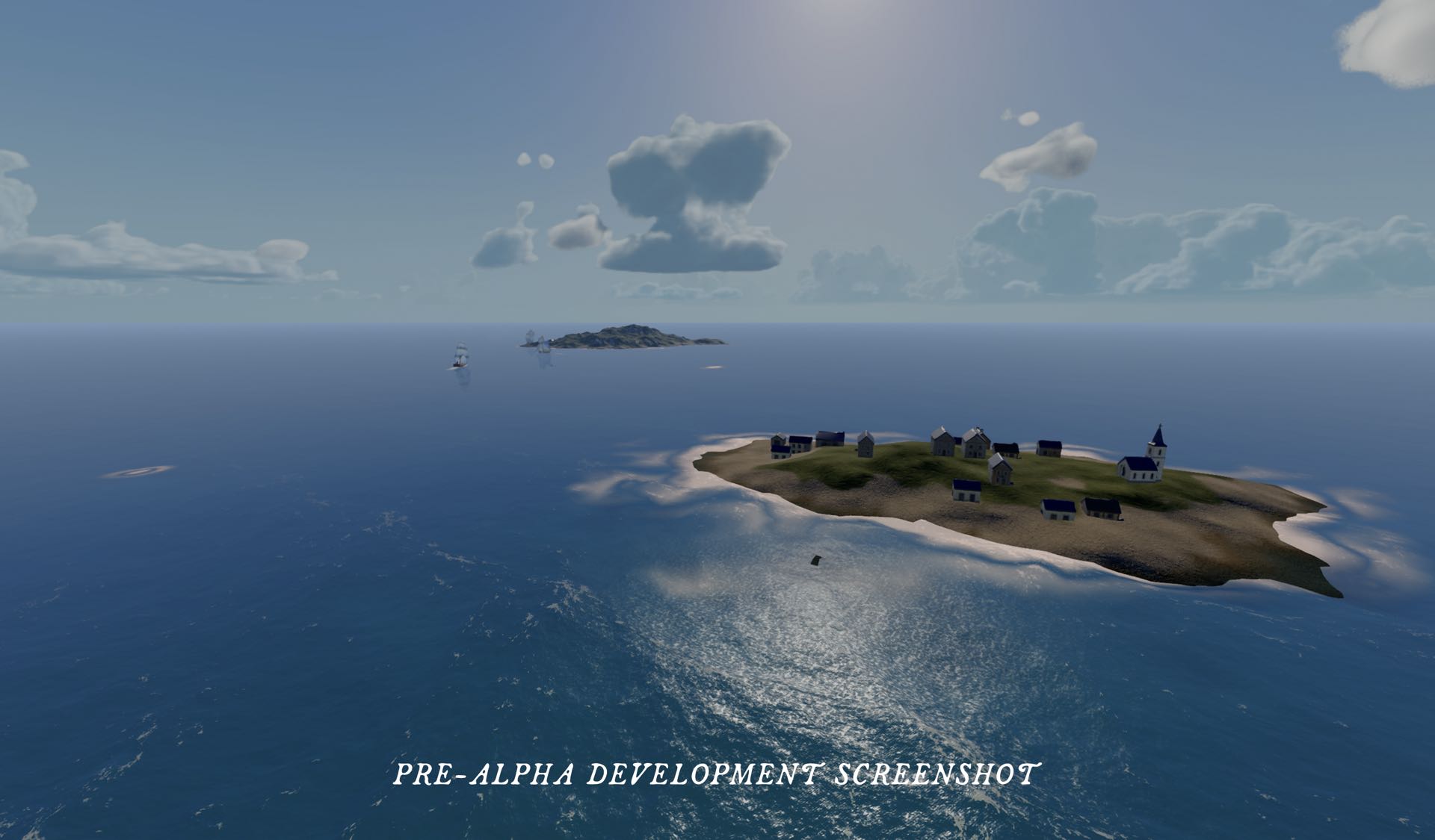 A small island village with a church, sails on the horizon beyond