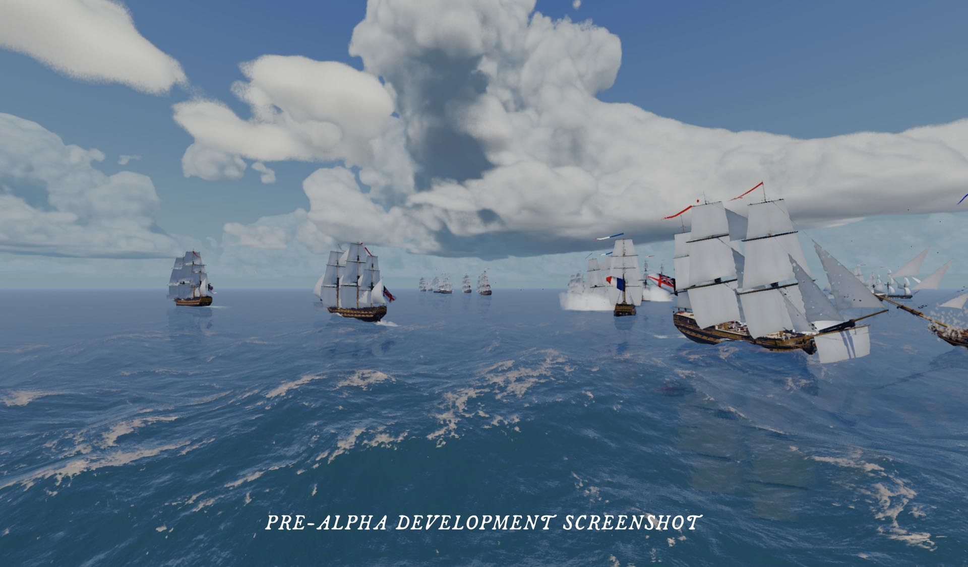 Ships of the line sailing in close order beneath towering cumulus