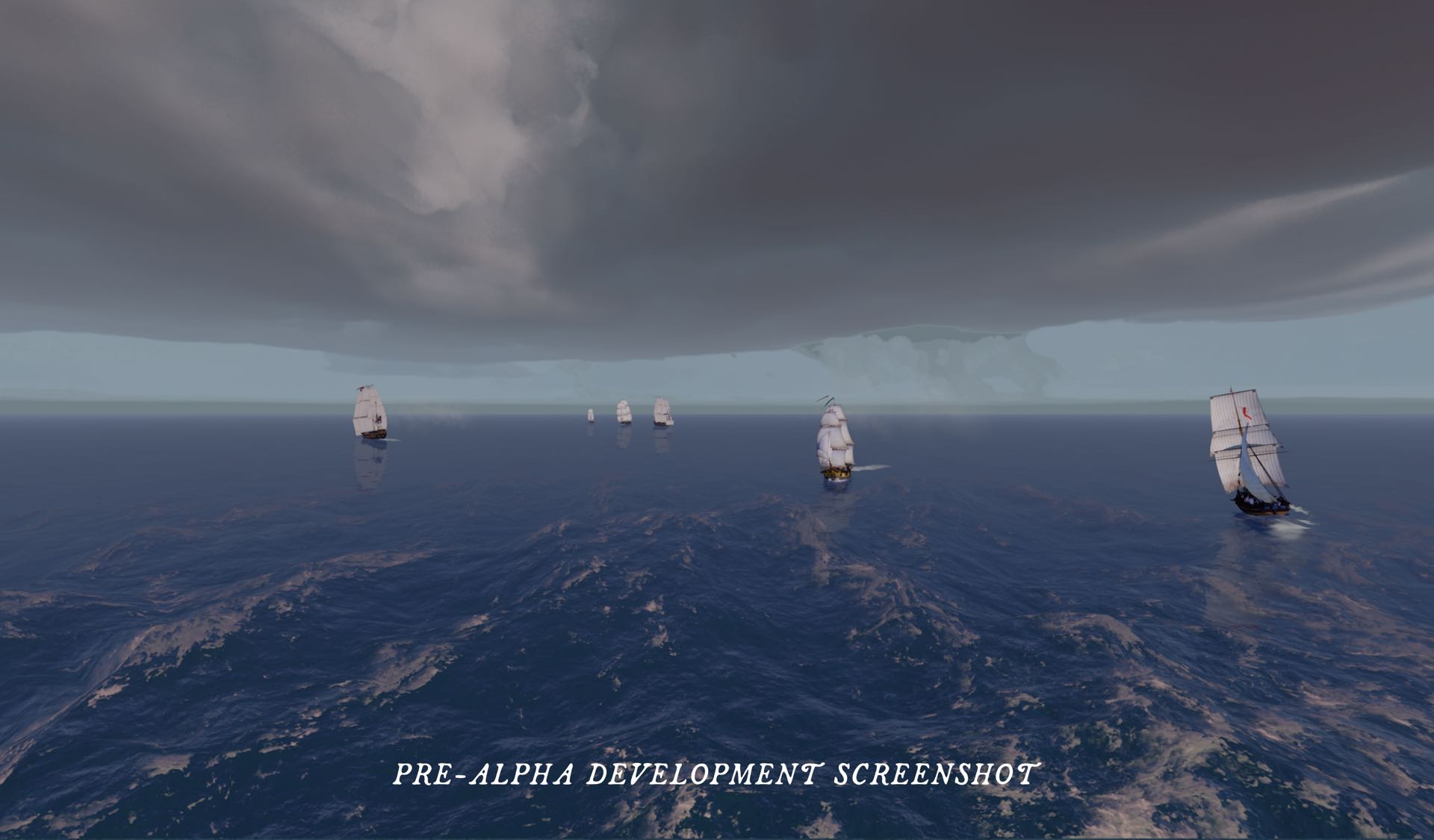 A squadron of ships sailing beneath a dark squall line