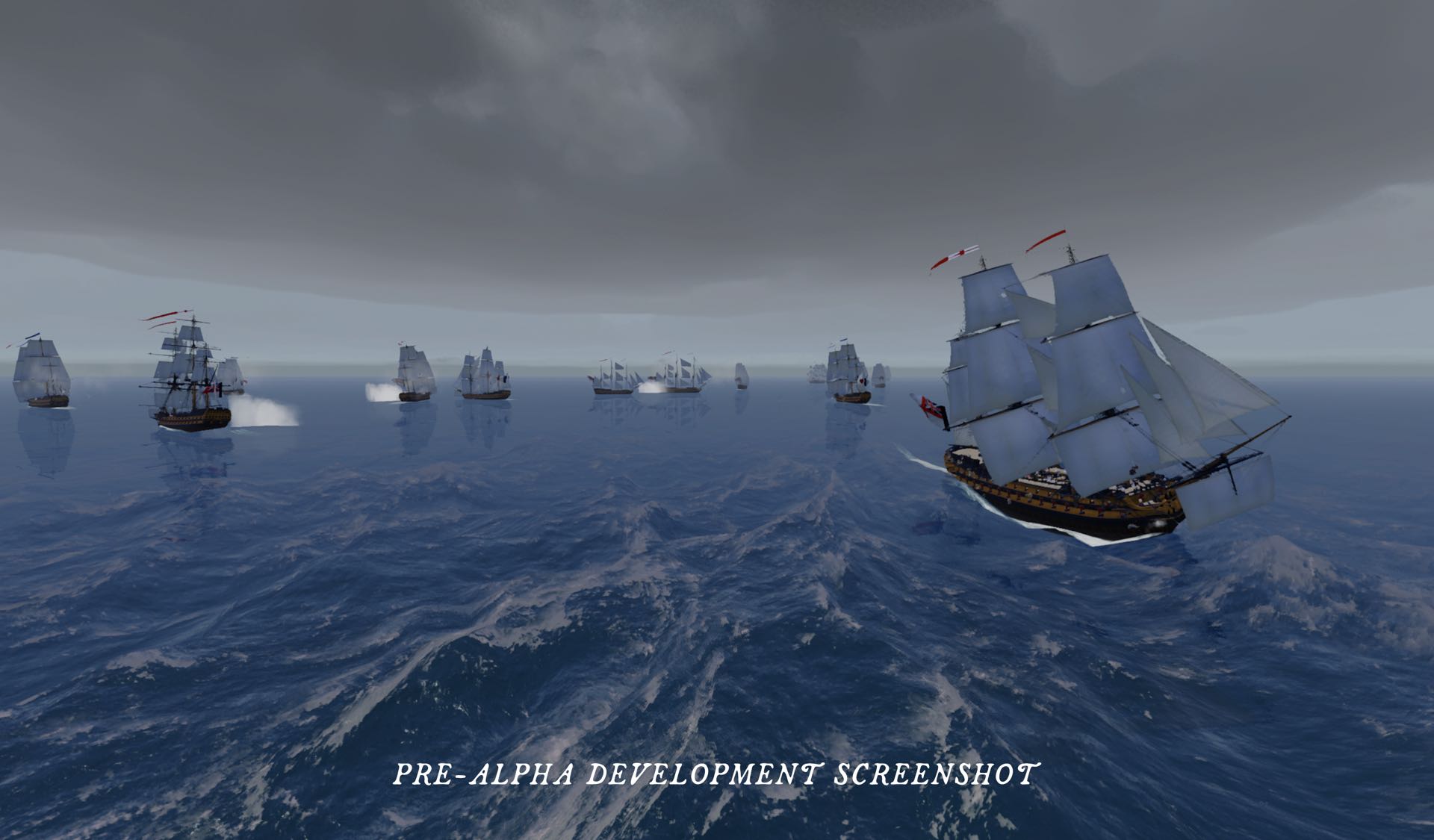 A frigate heeling in rough seas as a line of ships trades broadsides under a storm sky